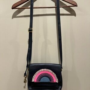 Fossil Leather Crossbody Handbag Purse Blue embellishment sunrise